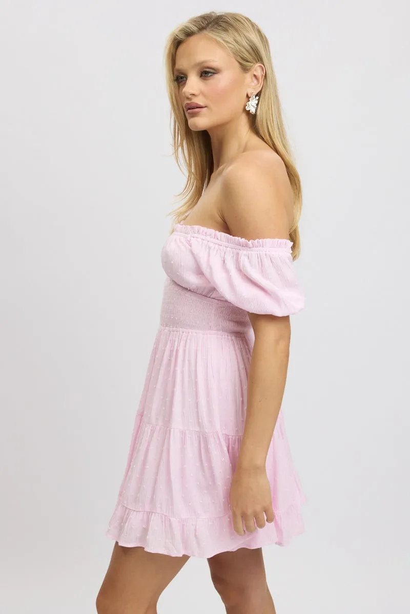 Photo Fit Ultraviolet Protection Pink Fit And Flare Dress Puff Sleeve Mini