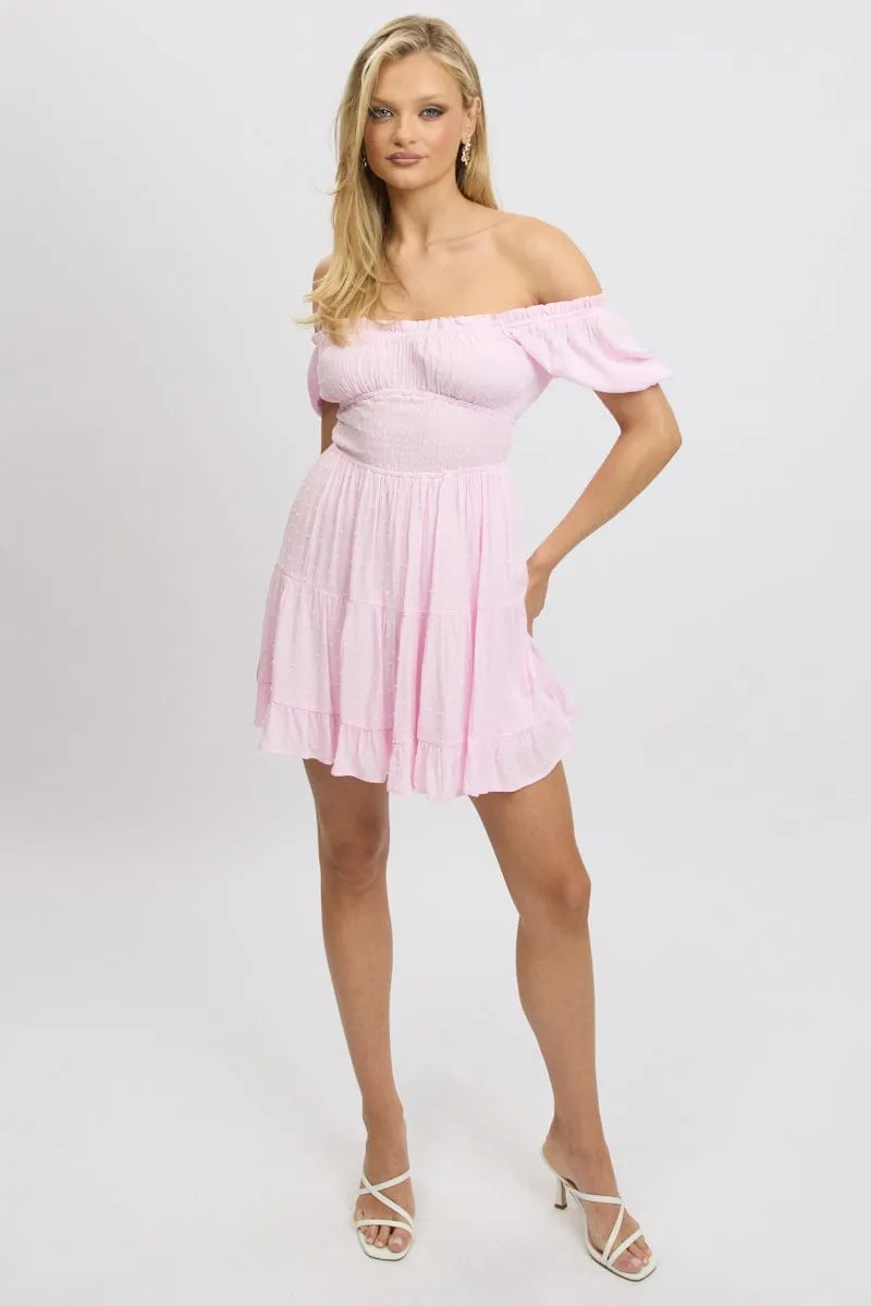 Pink Fit And Flare Dress Puff Sleeve Mini Student Cool