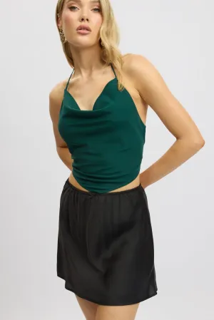 Black Slip Skirt Elastic Waist Picot Trim Mini Satin Travel Style City Ready