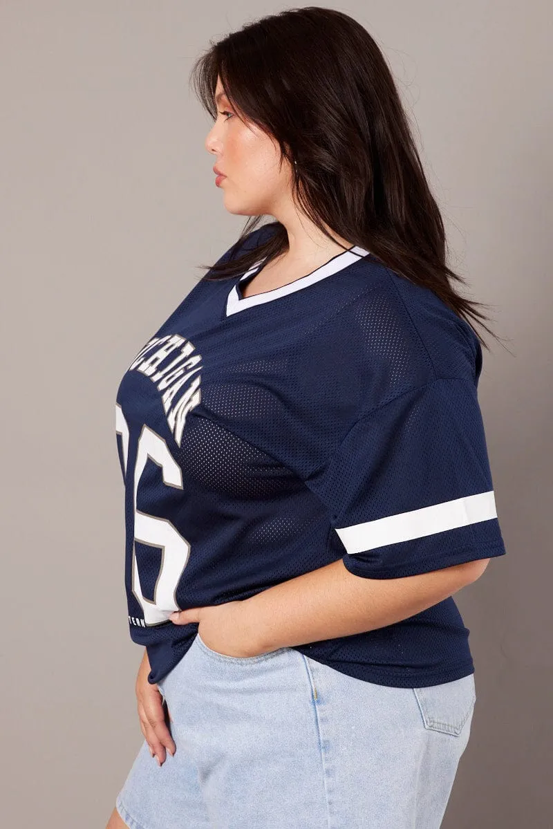 Blue Graphic T-shirt Short Sleeve V-Neck Oversized FunctionalPockets informal gathering