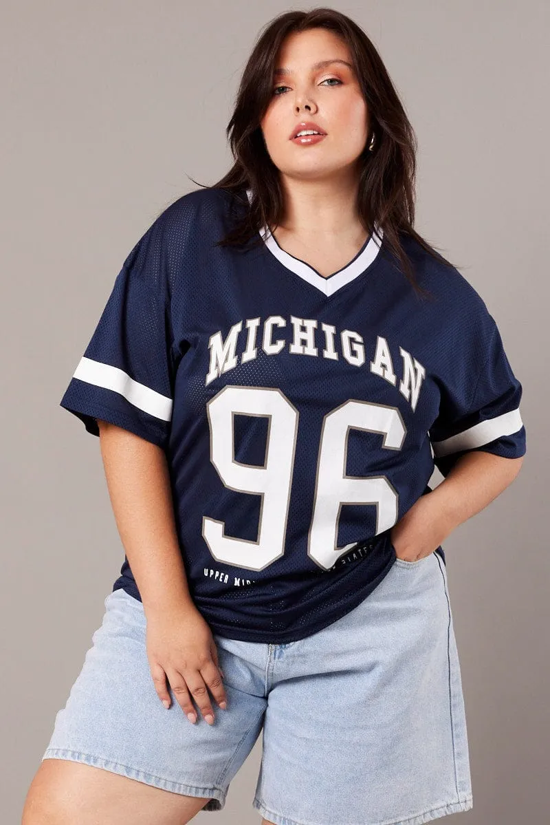 Blue Graphic T-shirt Short Sleeve V-Neck Oversized Cozy And Warm
