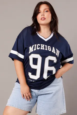 Blue Graphic T-shirt Short Sleeve V-Neck Oversized Cozy And Warm