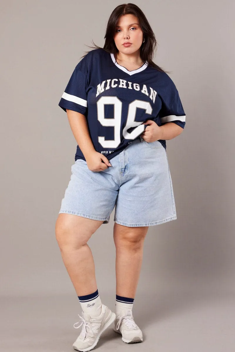 Easy Wear Look Fun Prints Blue Graphic T-shirt Short Sleeve V-Neck Oversized