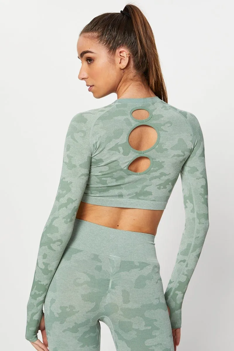 Light Fit Durable Reinforcements Green Seamless Camo Activewear Long Sleeve Top