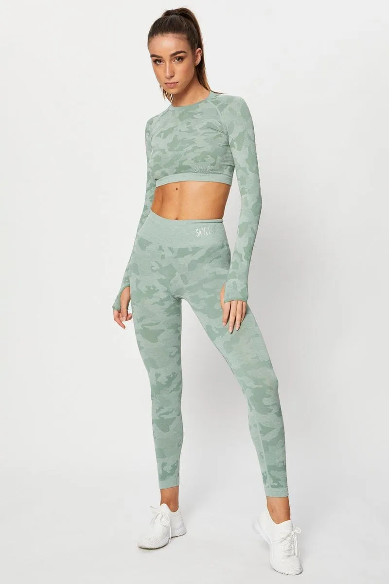 Green Seamless Camo Activewear Long Sleeve Top Myth Glow