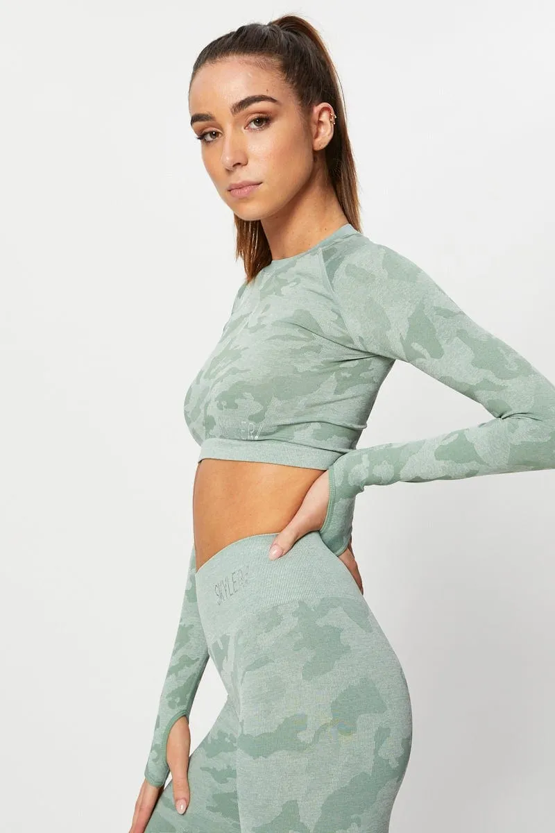 Breathable Style Work Safe Green Seamless Camo Activewear Long Sleeve Top