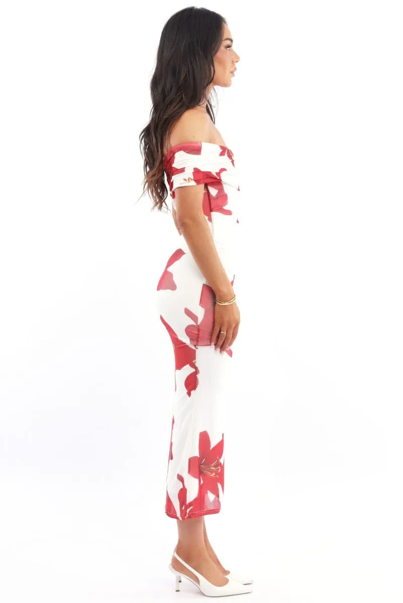 AntiPilling Fabric Heavy Silk White Floral Bodycon Dress One Shoulder Mesh