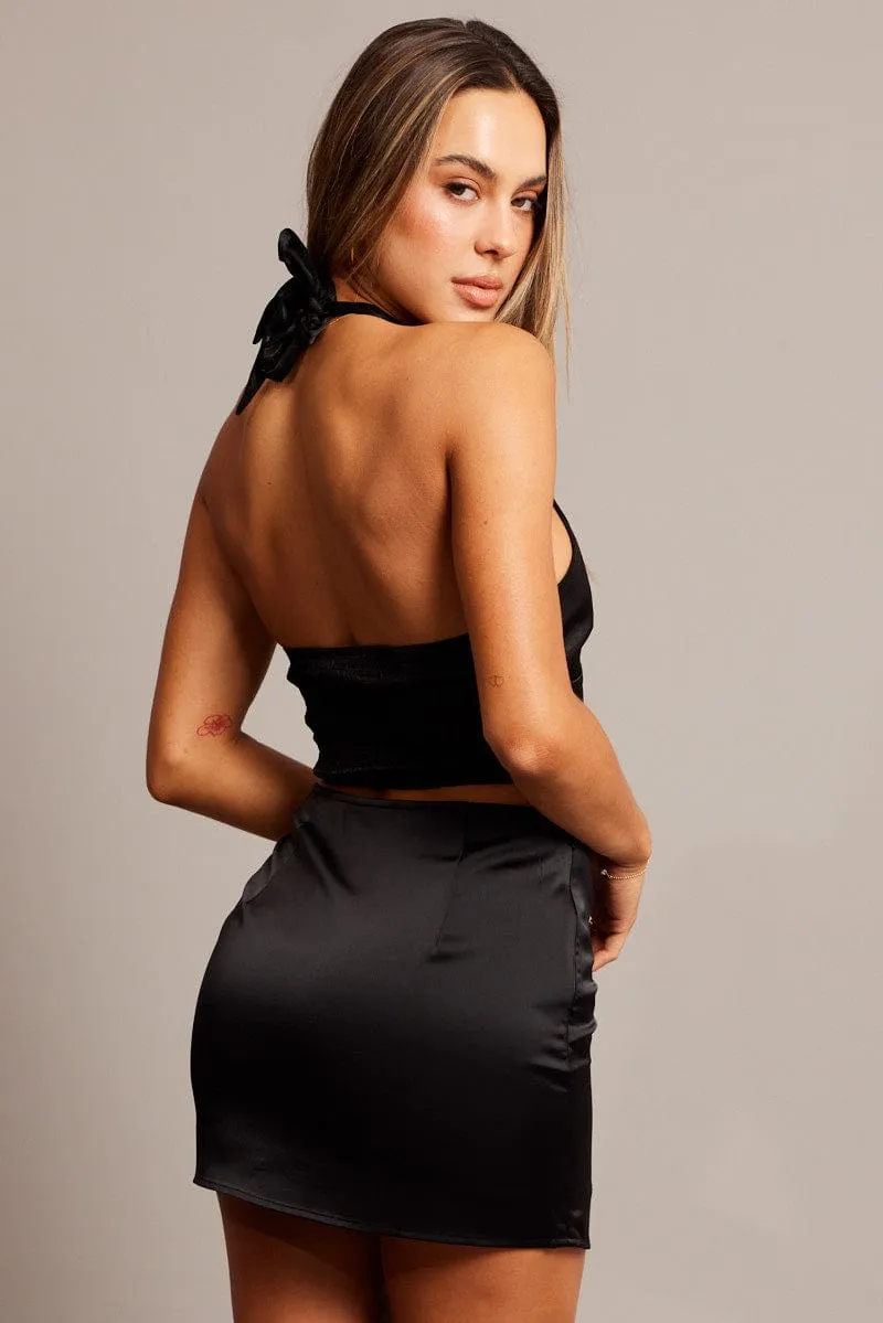 Lightweight texture Low Rise Black Satin Butterfly Skirt