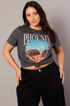 Grey Graphic T-shirt Short Sleeve Crew Neck Chic Fit
