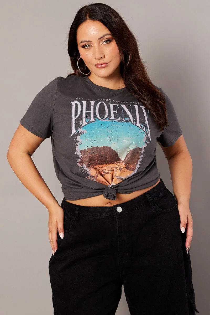Grey Graphic T-shirt Short Sleeve Crew Neck Chic Fit