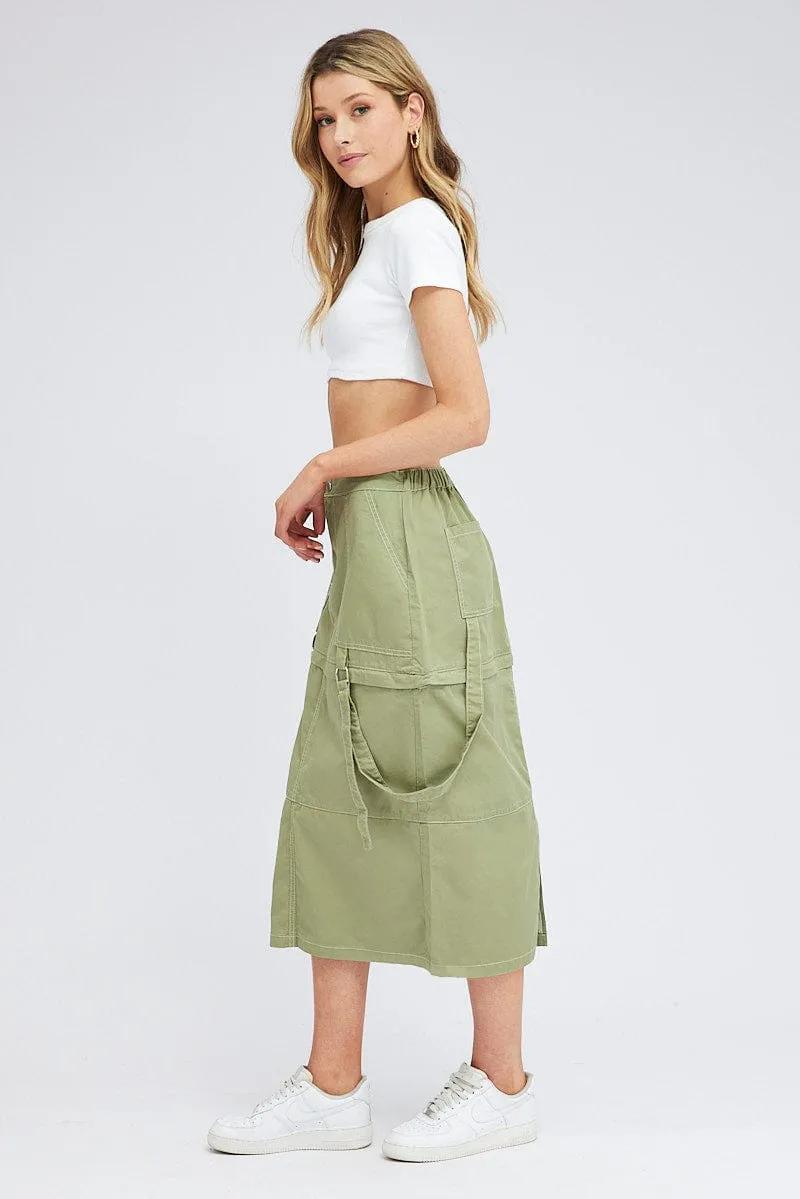 Green Cargo Skirt High Rise Elastic Two-way Midi Mini Feminine Charm