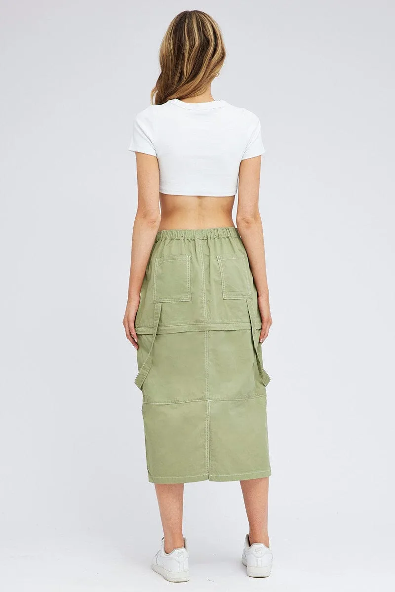 Performance Wear Warm Insulation Green Cargo Skirt High Rise Elastic Two-way Midi Mini