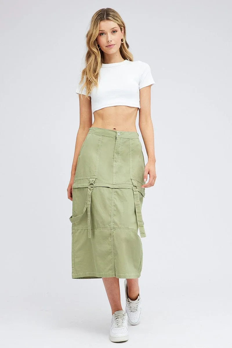 Laser Cut Edges Green Cargo Skirt High Rise Elastic Two-way Midi Mini