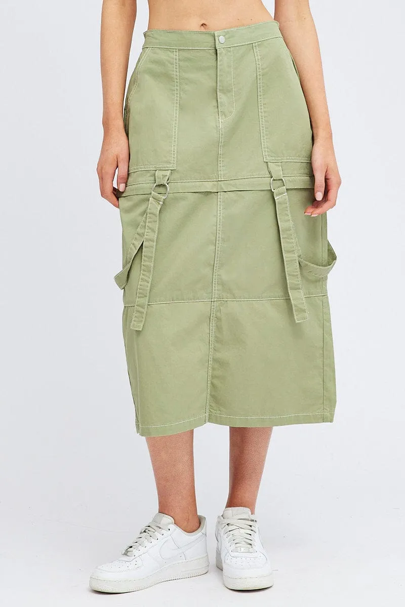 Knitted Fabric Green Cargo Skirt High Rise Elastic Two-way Midi Mini