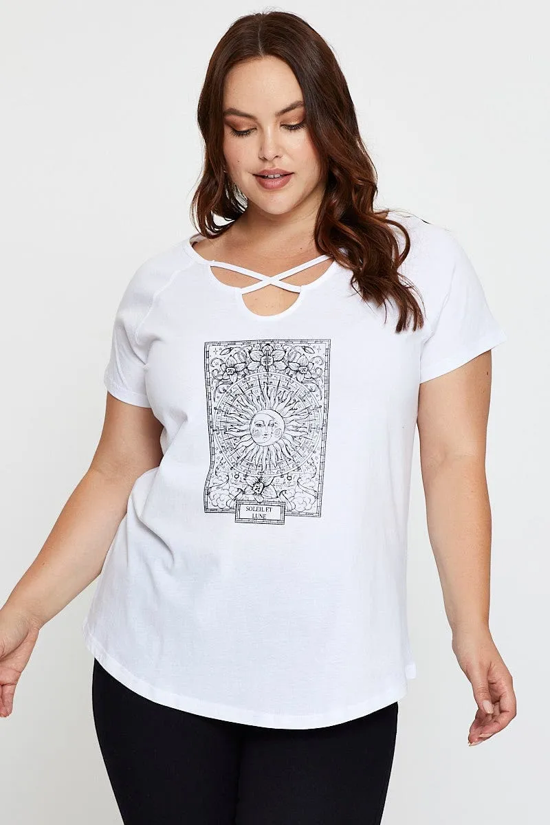 Fun Style Personalized White Cotton T-shirt Lattice Front Raglan Sleeve