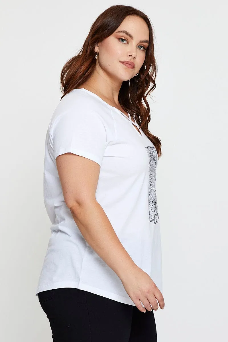 Casual Style Wear White Cotton T-shirt Lattice Front Raglan Sleeve