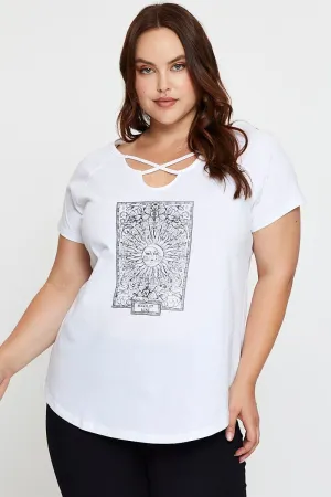 Simple Style Stylish piece White Cotton T-shirt Lattice Front Raglan Sleeve