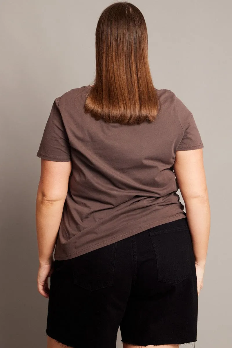 Fashionable Brown Graphic T-shirt Short Sleeve Crew Neck