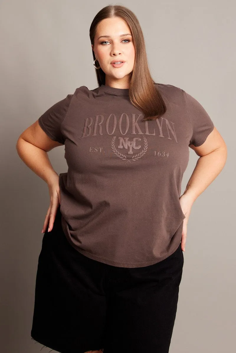 Brown Graphic T-shirt Short Sleeve Crew Neck Fashion-Ready