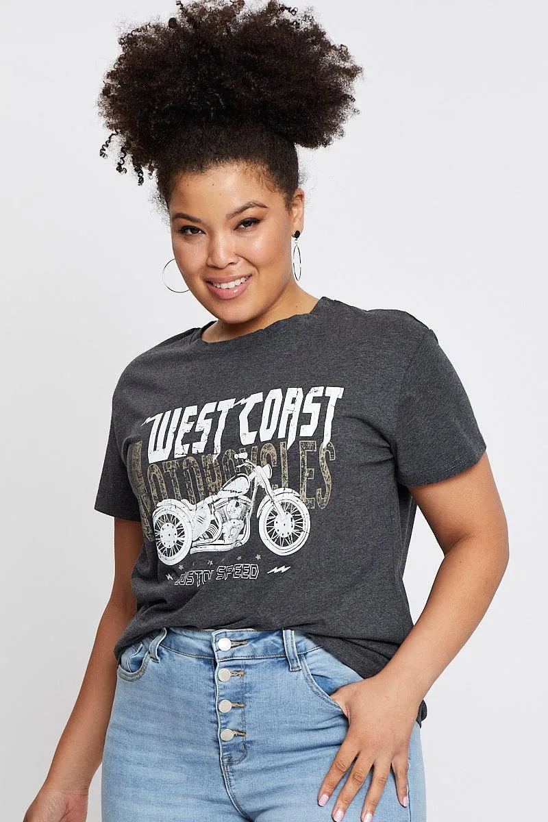 Outdoor Leisure Layered Collar Grey Graphic T-shirt West Coast Short Sleeve Cotton