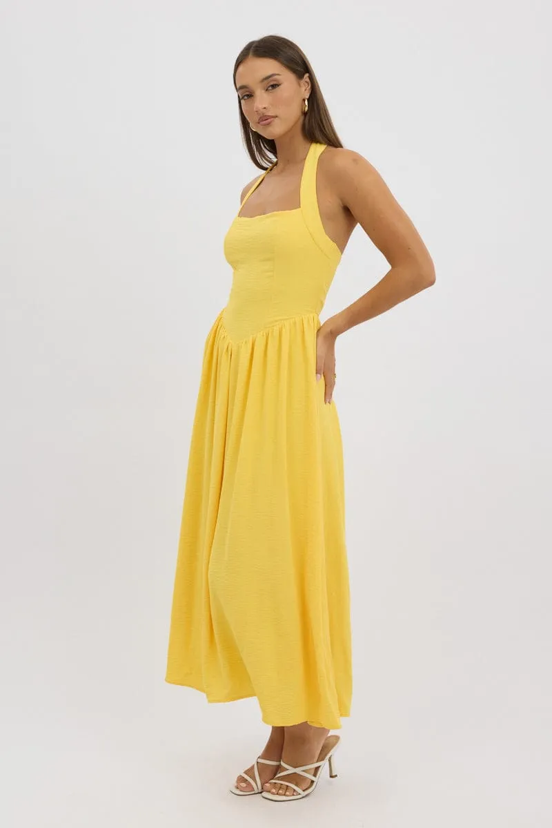 Coast Path Palm Shade Yellow Maxi Dress Halter Neck