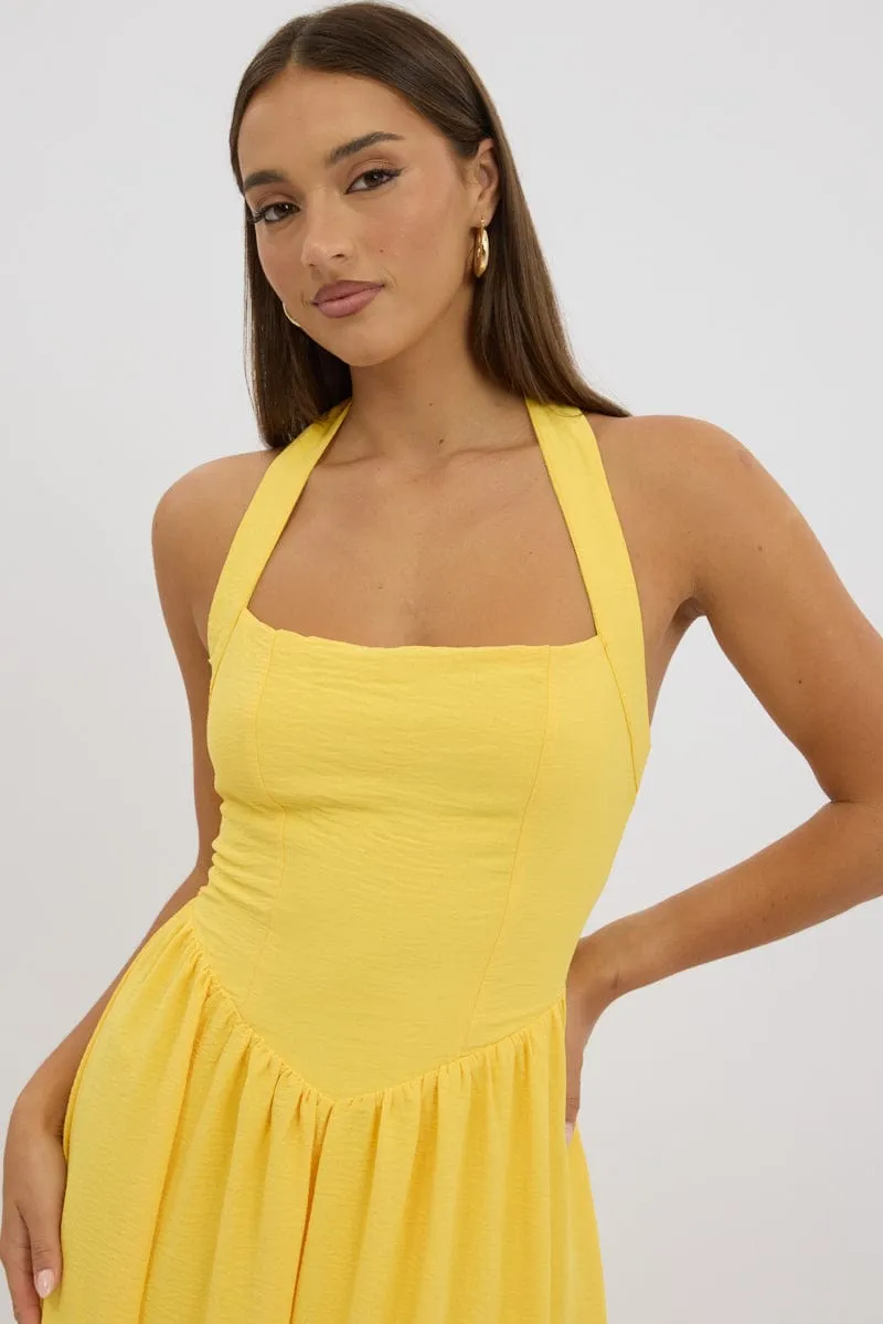 Yellow Maxi Dress Halter Neck Metallic Pop Autumn Tone