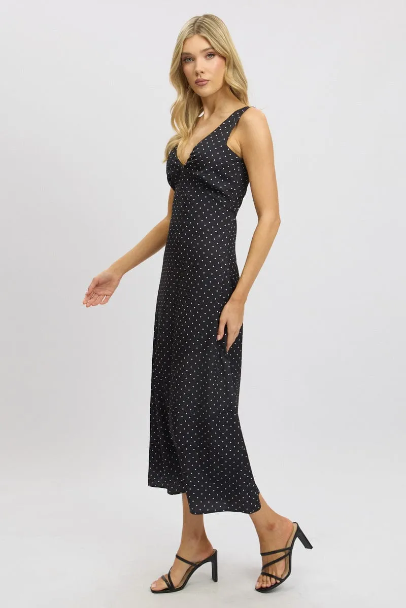 Marble Step Coral Reef Black Polka Dot Maxi Dress V-neck