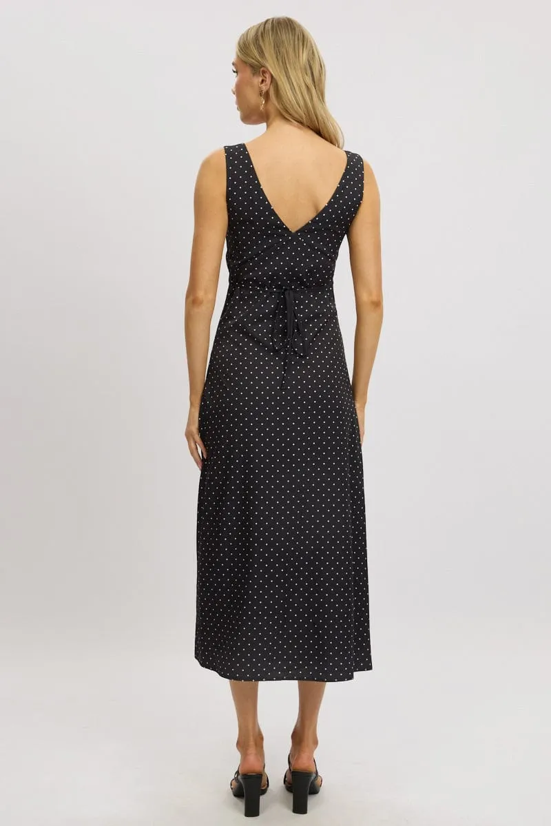 Black Polka Dot Maxi Dress V-neck A-Line Cut