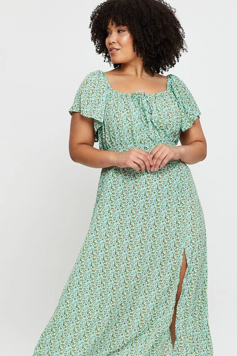 Ditsy Print Midi Dress Scoop Neck Short Sleeve Front Split Self Love spring fresh