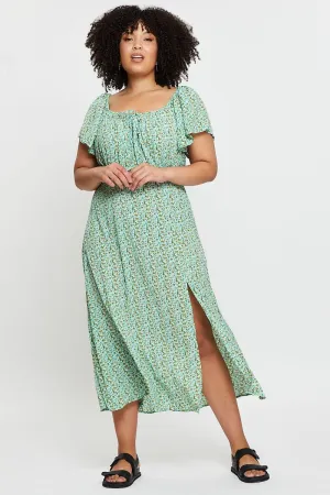 Ditsy Print Midi Dress Scoop Neck Short Sleeve Front Split Versatile Wardrobe Work Attire