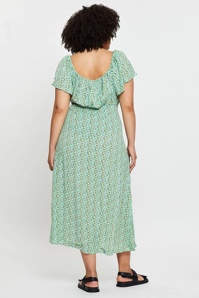 Italian Flair Galaxy Glow Ditsy Print Midi Dress Scoop Neck Short Sleeve Front Split