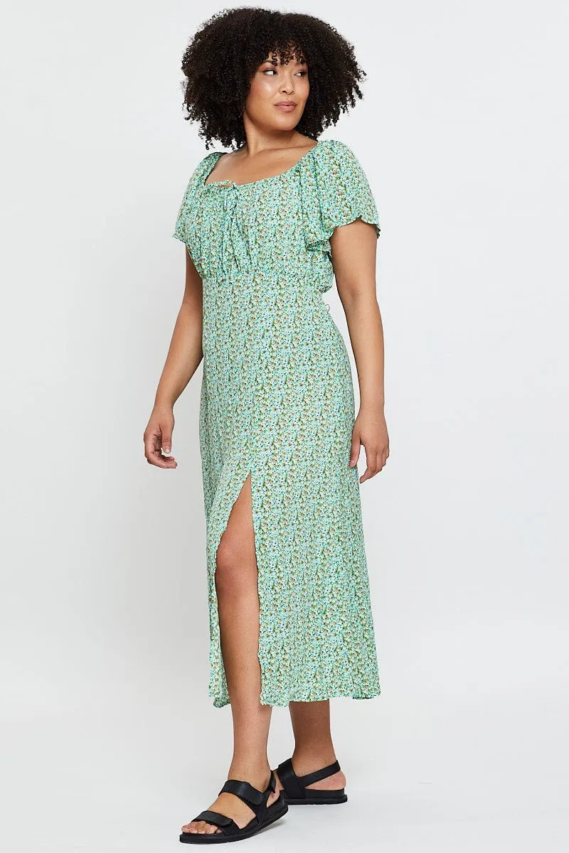 Ditsy Print Midi Dress Scoop Neck Short Sleeve Front Split Lake Park All-Season Style