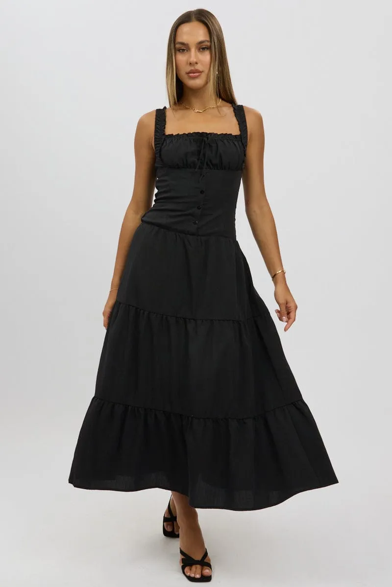 Black Maxi Dress Drop Waist Linen Drapes The elegant fabric of this dress offers a luxurious feel against the skin