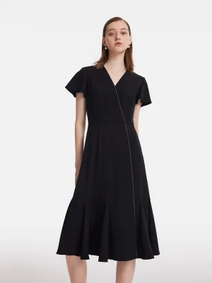 Triacetate V-Neck Ruffle Women Midi Dress rooftop party