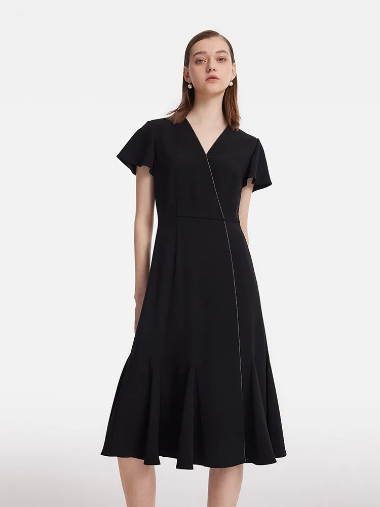 Triacetate V-Neck Ruffle Women Midi Dress rooftop party