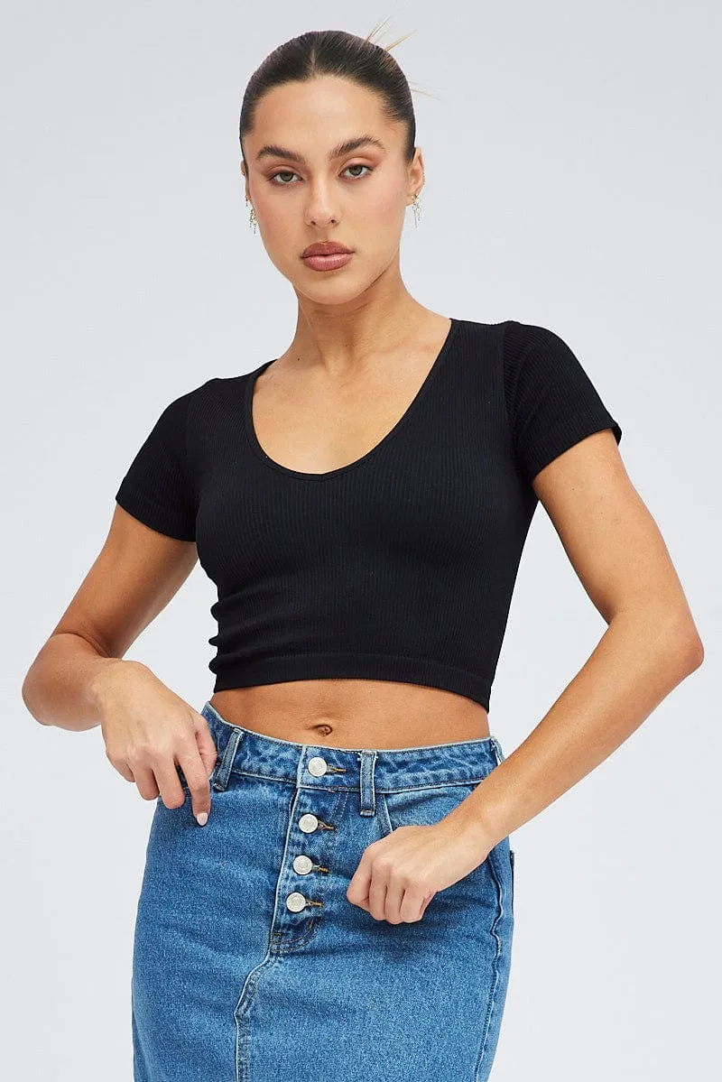 Morning Walk Daily Wear Black T Shirt Short Sleeve V Neck Seamless