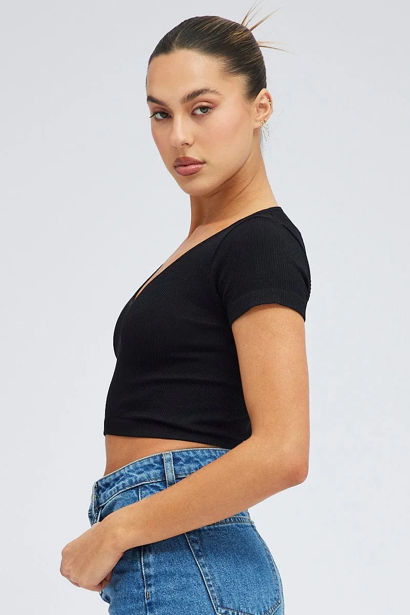 Office Mood Peace Glow Black T Shirt Short Sleeve V Neck Seamless
