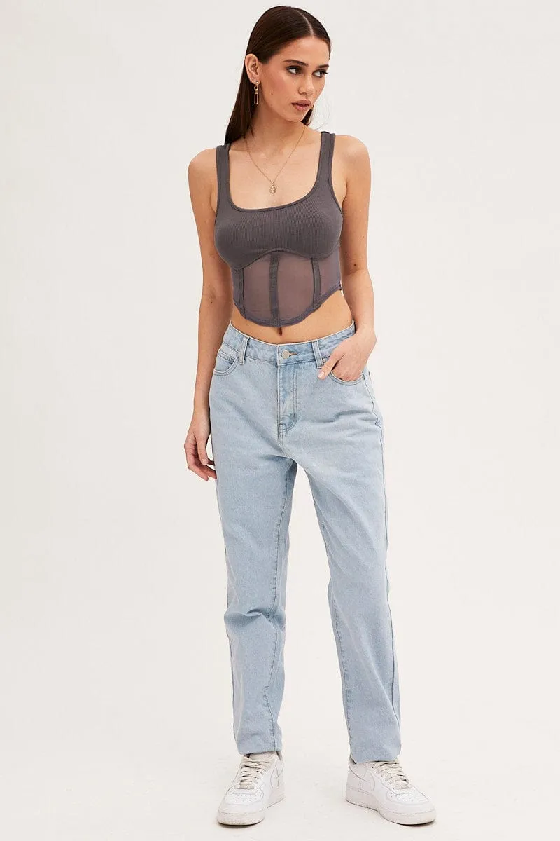 HypoallergenicMaterial Cozy Jacket Grey Mesh Patchwork Tank Top Corset Top
