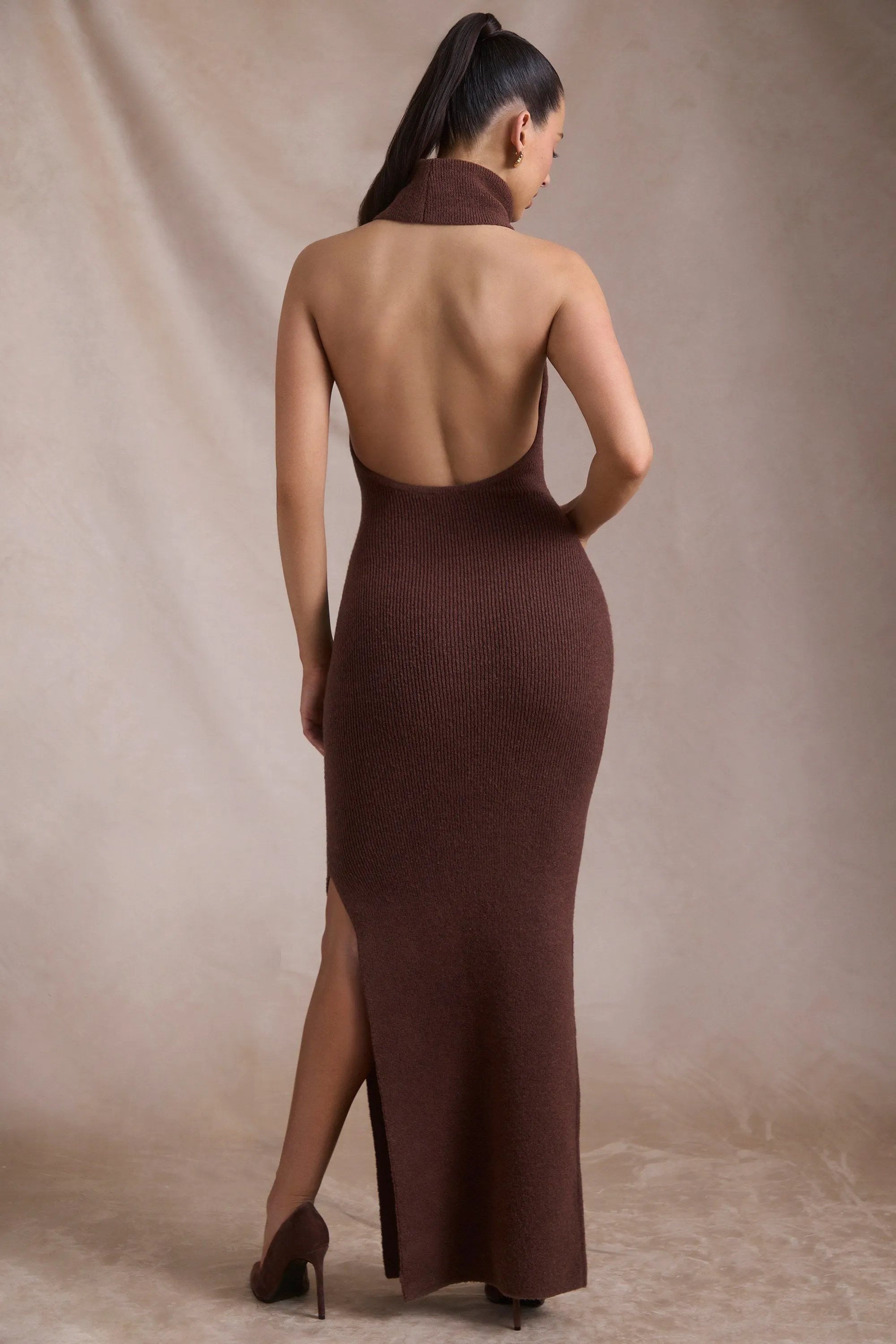 Happy Vibe Weekend Escape Ribbed-Knit Turtleneck Backless Maxi Dress in Espresso