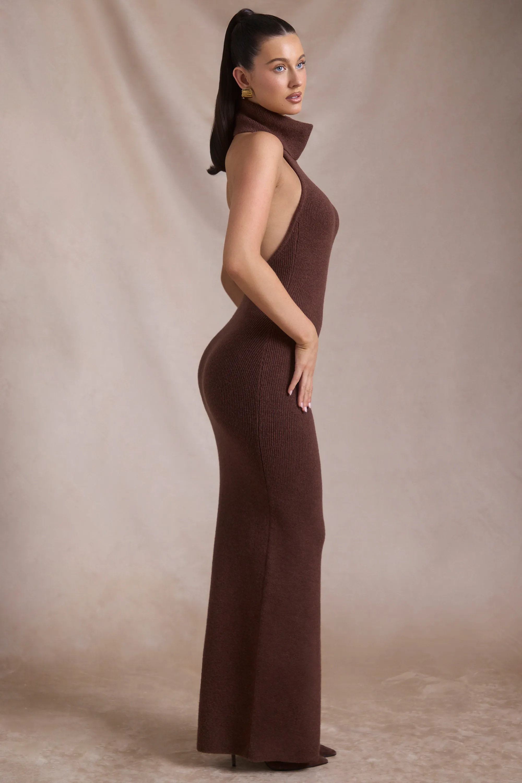 Ribbed-Knit Turtleneck Backless Maxi Dress in Espresso Onyx Shine