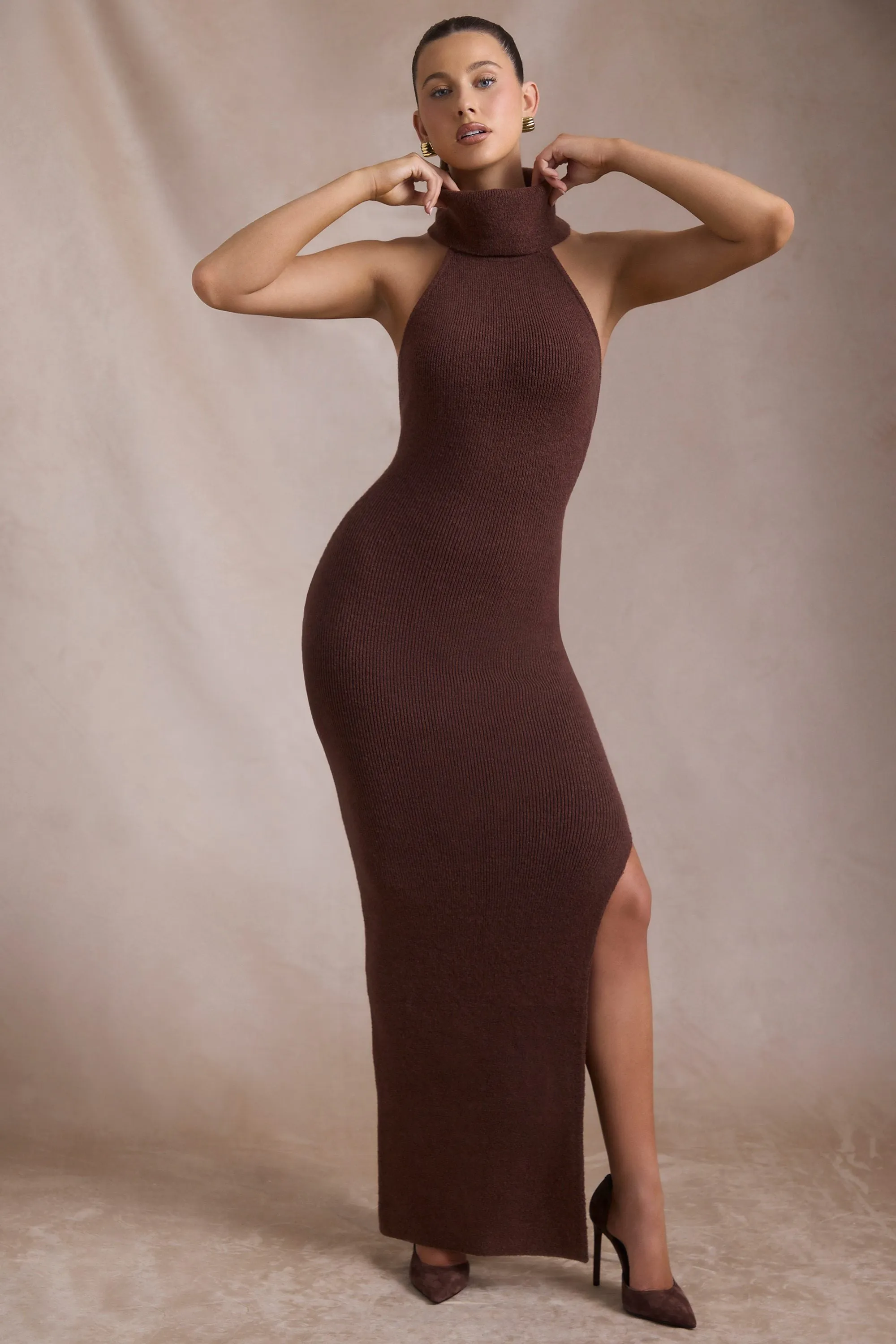 The dress??s versatile design allows you to wear it for work, weekend outings, or evening events Ribbed-Knit Turtleneck Backless Maxi Dress in Espresso