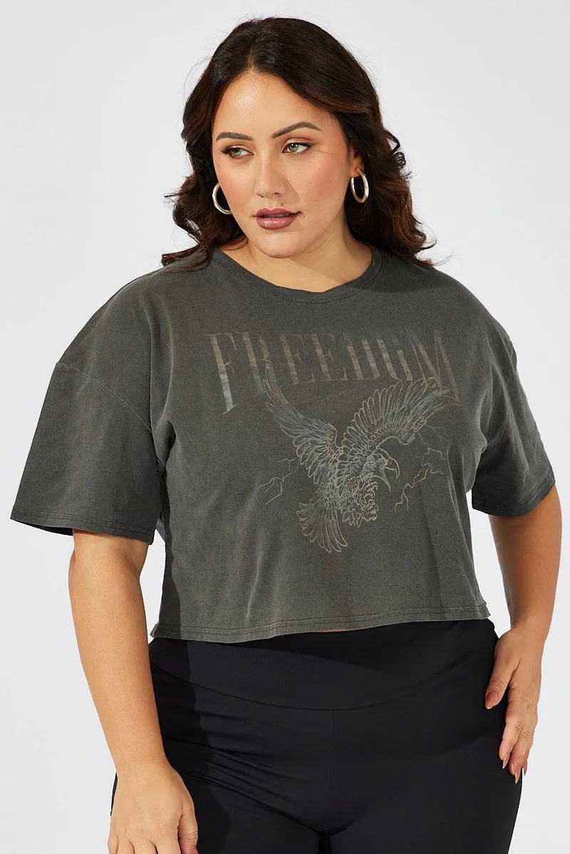 Grey Graphic T-shirt Short Sleeve Crew Neck Fresh Style Trend Adjustable Hem