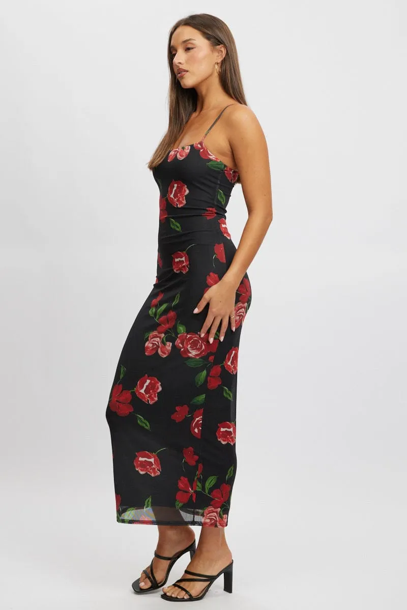 Black Floral Bodycon Dress Maxi Mesh Rose Glow