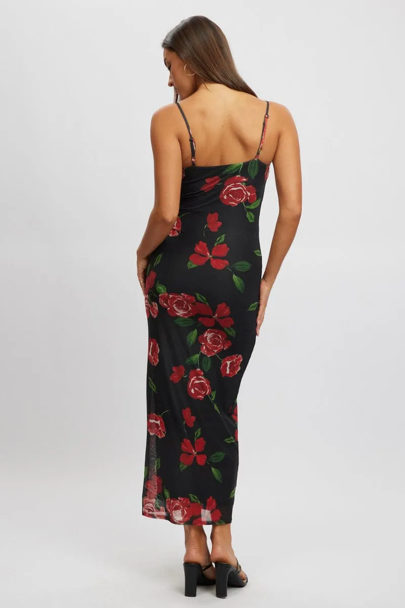 Chic dress for casual outings Yellow Sun Black Floral Bodycon Dress Maxi Mesh