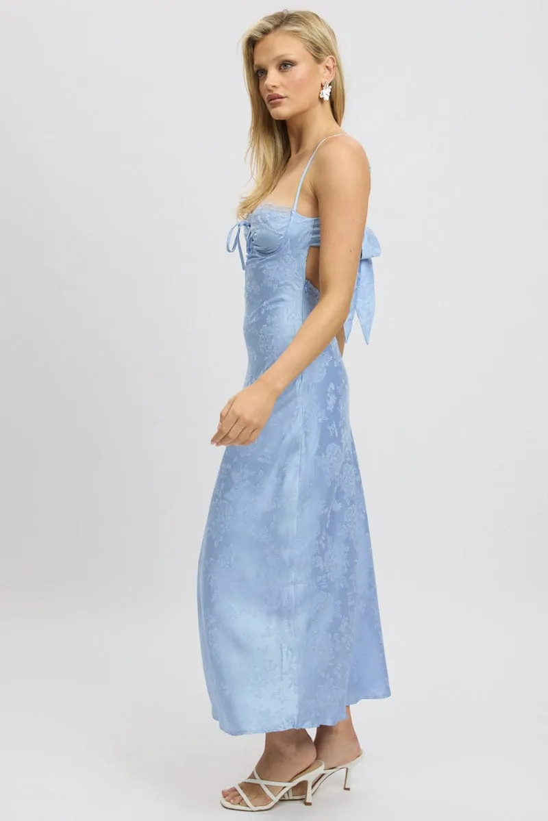 Organza Air Wool Glow Blue Maxi Dress Back Tie Satin