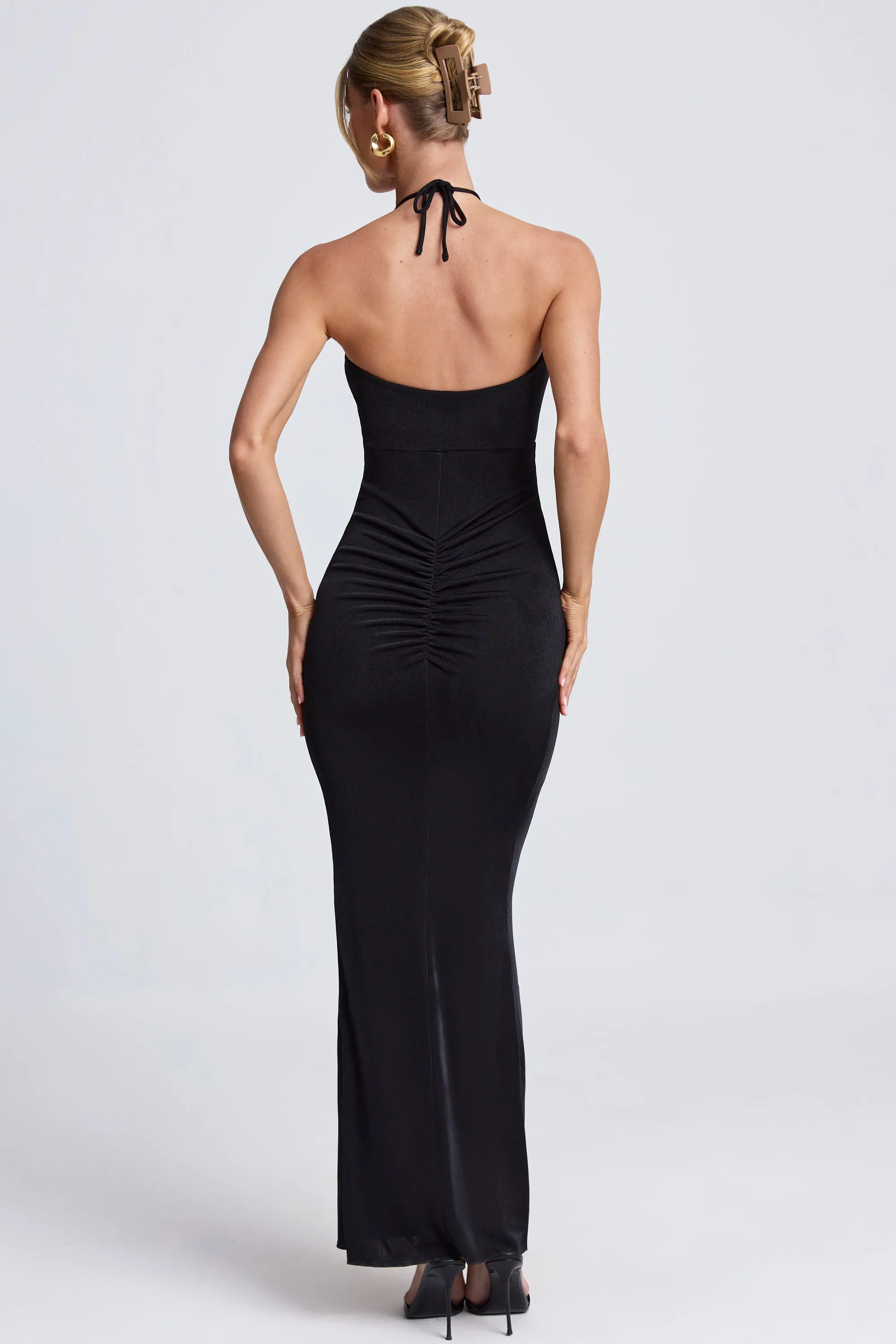 Bamboo Glow Hardware Detail Cut-Out Halterneck Maxi Dress in Black