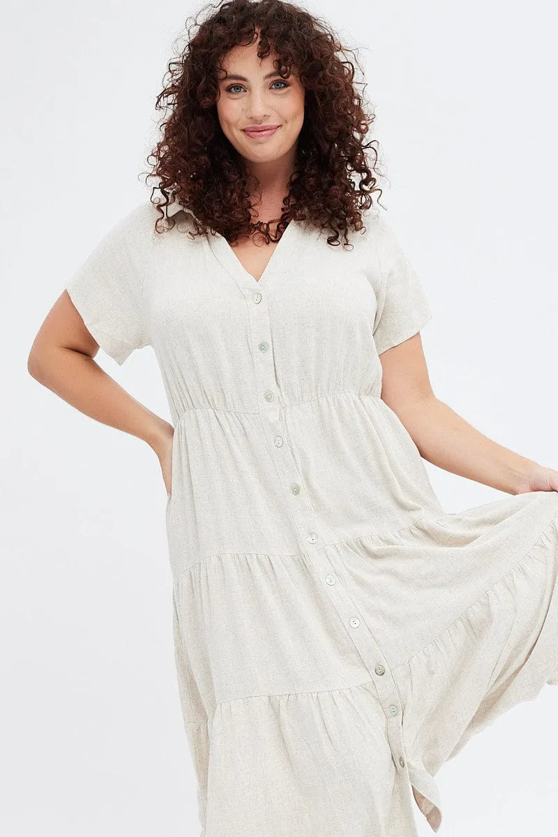 Beige Shirtdress Midi Button Linen Blend Short Sleeve Trendy Comfort