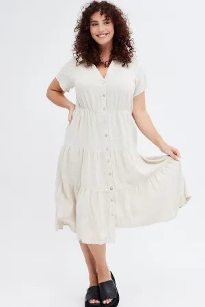 Versatile event piece Birthday Dinner Beige Shirtdress Midi Button Linen Blend Short Sleeve