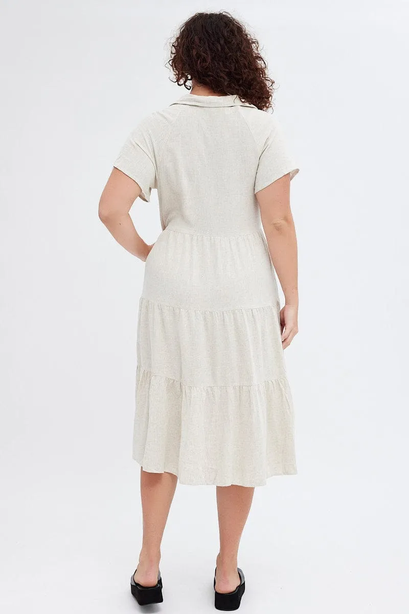 Urban Ease Beige Shirtdress Midi Button Linen Blend Short Sleeve