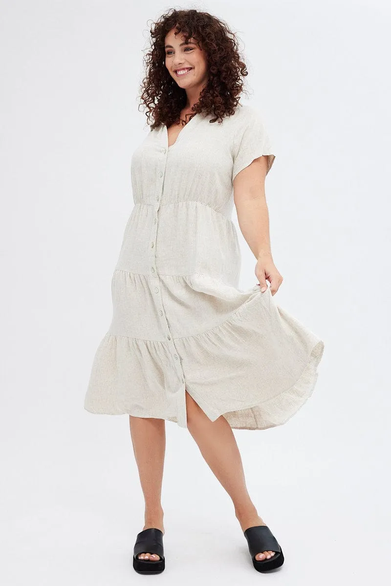 Plaza Walk Beige Shirtdress Midi Button Linen Blend Short Sleeve